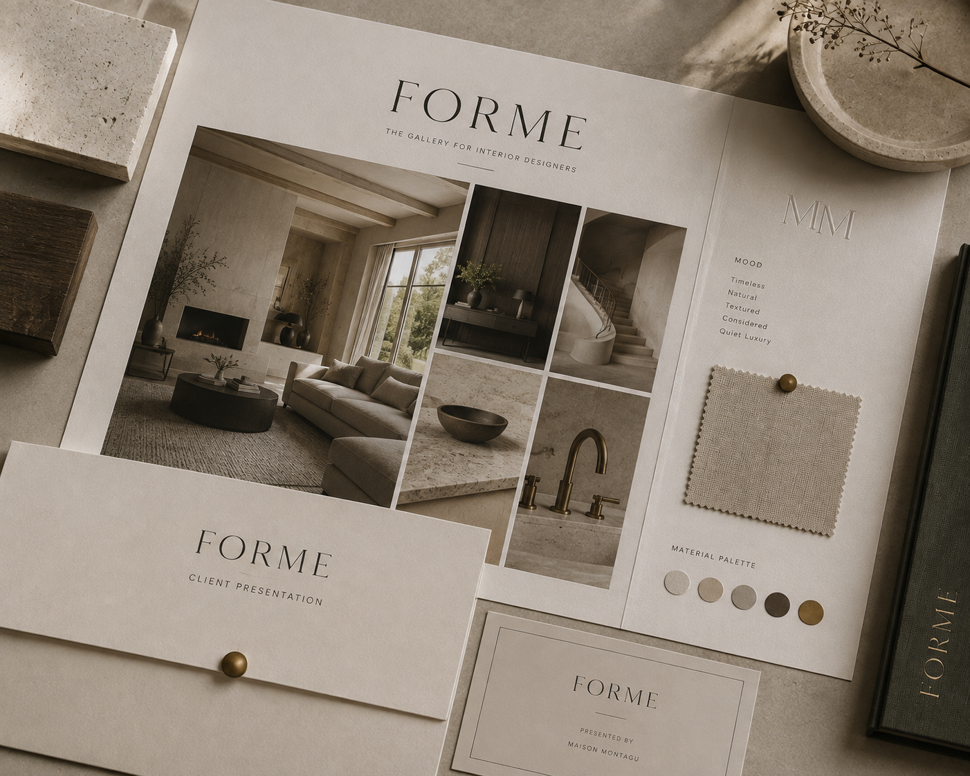 FORME printed client presentation, mood plate and stationery laid out with stone and timber samples