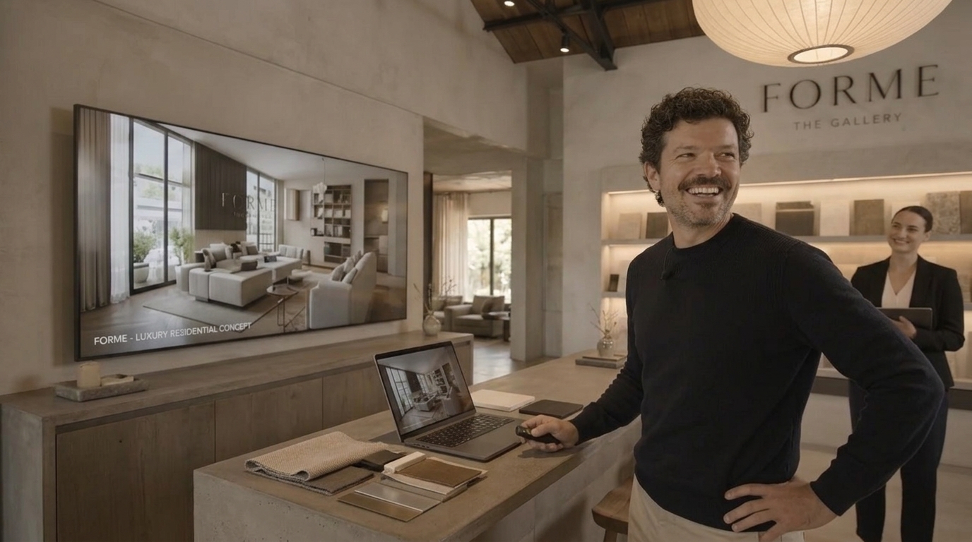A designer presenting a FORME client gallery on a large wall-mounted screen in the atelier viewing room