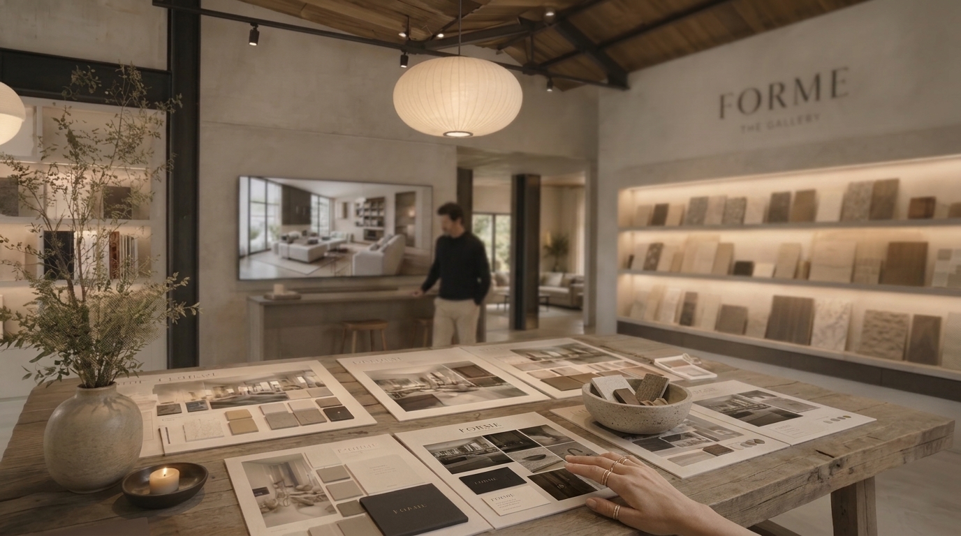FORME gallery interior — material palettes and presentation boards on a timber table