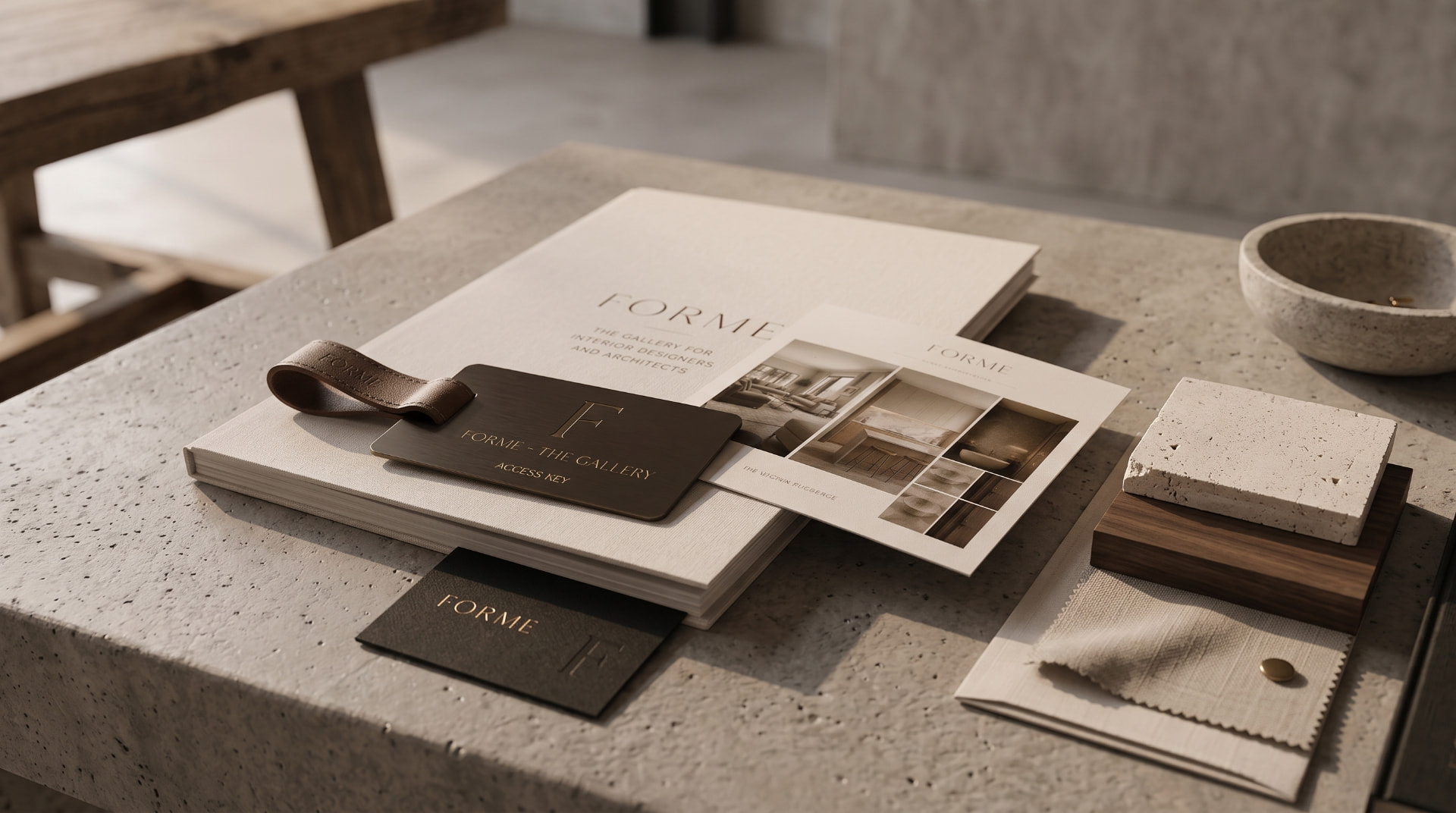 FORME printed presentation folio, access card, material samples and client cards arranged on a stone table