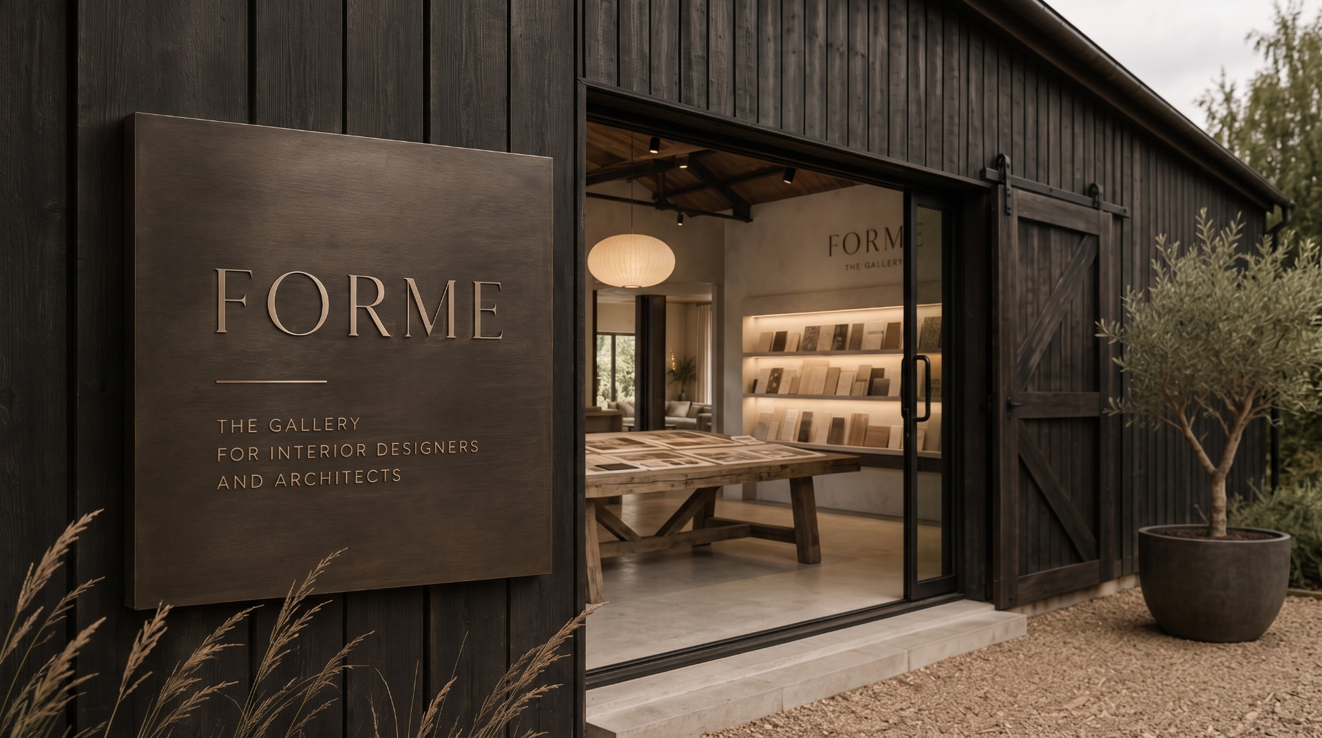 FORME atelier entrance with bronze sign and open glass door revealing the gallery interior