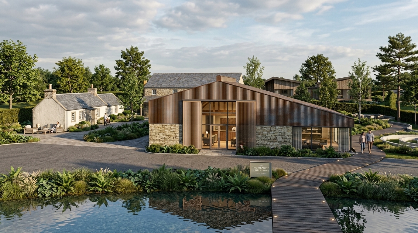 Contemporary steading beside still water